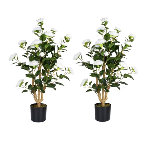 Artificial Camellia Tree 2 Pack, 38’’ Faux Camellia Plant in Pot with White Flowers, Greenery Potted Plant for Indoor Outdoor Office Home Porch Decor, White - color: White, size: 3FT