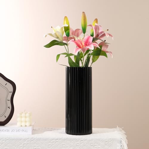 Black Glass Vase for Flowers, Ribbed Glass Vase for Tulips, Black Modern Vases, Tall Cylinder Glass Vases for Living Room, Bedroom, Dining Table, Office, Wedding, Bookshelf, 10 Inches - color: Black, size: 10''