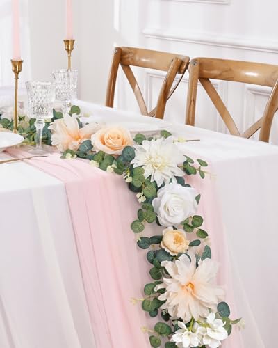 Waipfaru 6Ft Eucalyptus Greenery Garland with Flowers, Flower Rose Garland Decorations for Wedding Table Runner Centerpieces Backdrop Party Room Decor (White) - color: Champagne-6.07ft, size: 1 Pack