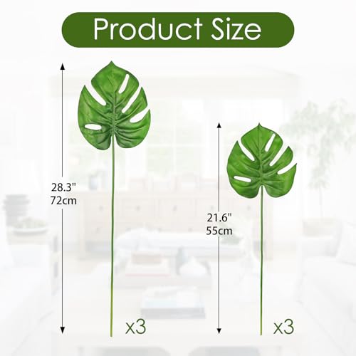 Hollyone 6 Pack Artificial Monstera Leaves with Stems Real Touch Faux Monstera Turtle Safari Leaf Fake Palm Tropical Plants for Vase Hawaiian Luau Party Jungle Beach Table Home Wedding Kitchen Decor - color: Monstera #1, size: Leaves Stem