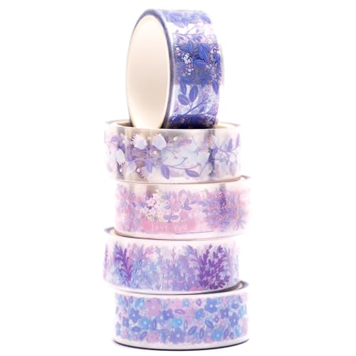 YUBBAEX 5 Rolls Floral Washi Tape Set PET Decorative Flowers Patterns Transparent Masking Tapes for Arts, DIY Crafts, Journals, Planners, Scrapbook, Wrapping (Lavender) - color: Lavender