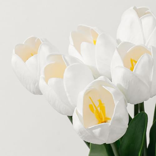 White Fake Tulips,18.5" PU Artificial Tulips Flowers for Spring Easter Home Kitchen Wedding Bouquet Bulk Mother's Gift Day Decorations - color: White