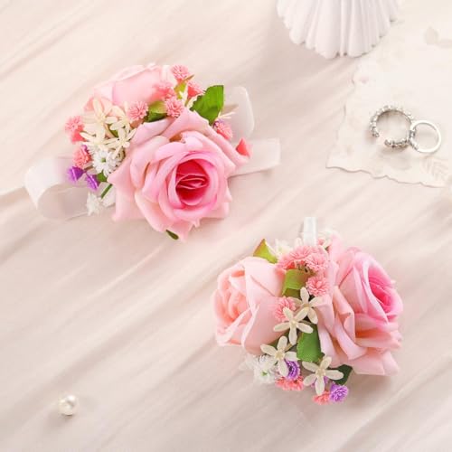 Campsis Corsage Boutonniere Set Coral Pink Wrist Corsage Groom Boutonnieres for Wedding