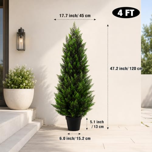 Artificial Topiary Cedar Trees 4FT Tall 2 Set, Outdoor Indoor Faux Pine Shrubs Plants, Realistic Fake Plants Front Porch Decor, Artificial Bushes Cypress for Home Front Door Offices - color: 2*pine Tree 4ft