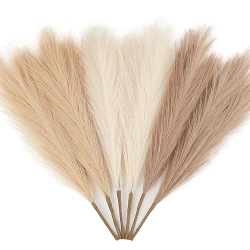 ZIFTY 6-Pcs 17" Pampas Grass Faux Pompas Fluffy Artificial Fake Flower Boho Decor for Vase Filler Ins Style Modern Home Wedding Decorations (Beige Mixed) - color: Beige & Brown & Taupe, size: 17in 6pcs