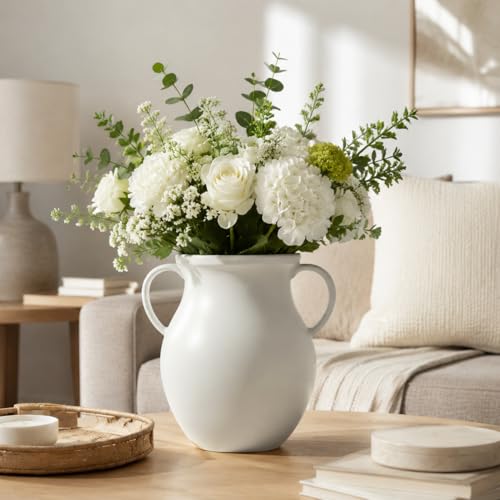 hjn Large Matte White Ceramic Vase for Dried Pampas Grass & Fresh Flowers, Nordic Farmhouse Statement Piece for Living Room Entryway Corner-Large (10" H) - size: D10xH10 inch