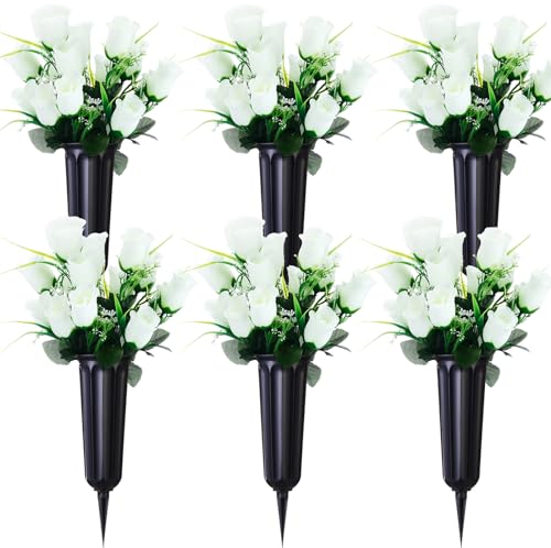 Tigeen 6 Sets Father's Day Cemetery Flowers with Grave Vase 12 Bunches Artificial Rose Memorial Bouquet 84 Heads Fake Silk Flower for Dad Gravesite Graveside Decor(Cream White) - color: Cream White