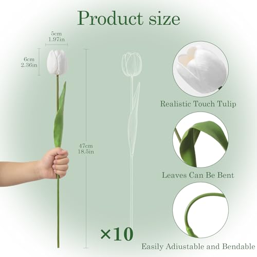 White Fake Tulips,18.5" PU Artificial Tulips Flowers for Spring Easter Home Kitchen Wedding Bouquet Bulk Mother's Gift Day Decorations - color: White
