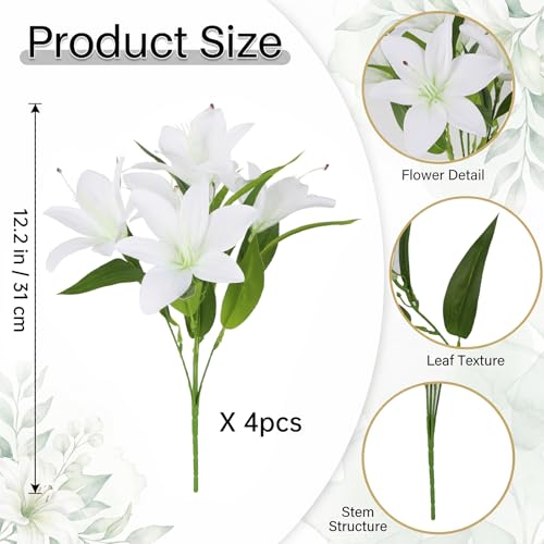20 Heads Fake Lilies Artificial Flowers 4 Bundles White Silk Flowers with Stems Faux Lilies for Home Indoor Easter Table Decor Wedding Party Centerpieces Floral Arrangements (White) - color: White