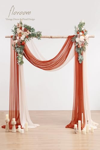 Floroom Arch Flowers with Drapes Kit (Pack of 4) - 2pcs Artificial Terracotta & Cream Floral Swag Arrangement with 2pcs Draping Fabric for Wedding Ceremony Arbor and Reception Backdrop Decoration - color: Terracotta & Cream