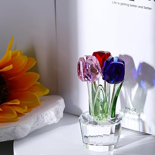 Qianwei Crystal Tulips Flowers Figurine Colorful with Vase - Glass Flower Bouquet Collectible Figurines Crystal Office Home Decor Paperweight - Tulip Gifts for Women Mom Bestfriend Wedding Anniversary - color: Red Blue Pink Tulip