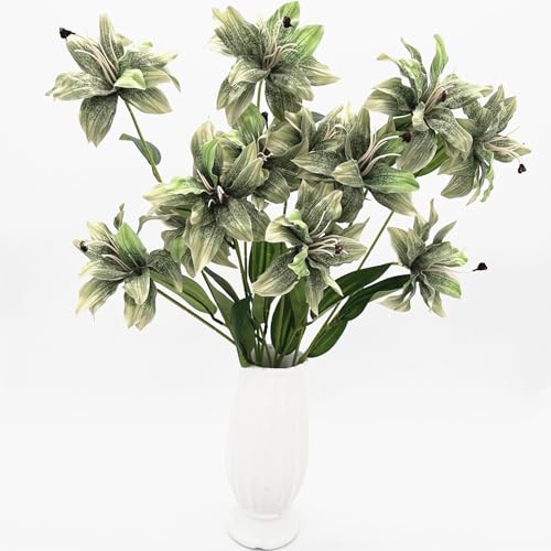 Artificial Lily Flowers Fake Silk Flower Plastic Stems Faux Bloom Stargazer Lilies Plant for Wedding Bouquet Party Garden Hotel Home Decor Vase Floral Arrangements 4 Pack (Green) Total 12 Flower Heads - color: Silk Flowers / Green / 4 Pack