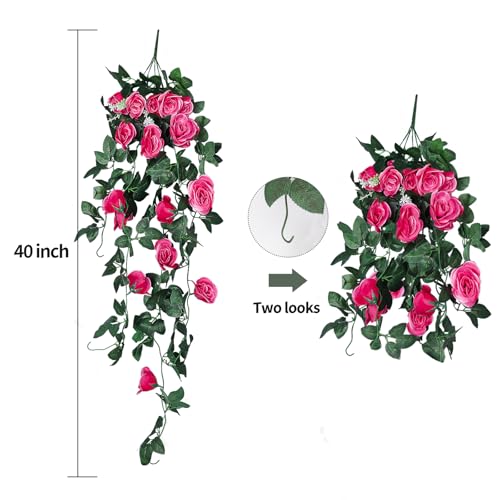 RECUTMS 2pcs Artificial Hanging Plants 32 in Fake Plant Ivy Vine Outdoor UV Resistant Plastic (Rose red) - color: Rose Red, size: 2 pcs light