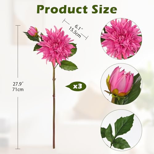 Artificial Dahlia Flowers – Set of 3 | 27.9" Tall Real-Touch Silk Dahlia Stems with Large 6.1" Blooms | Lifelike Deep Pink Faux Flowers for Home Decor, Wedding, Centerpieces & Floral Arrangements - color: Hot Pink