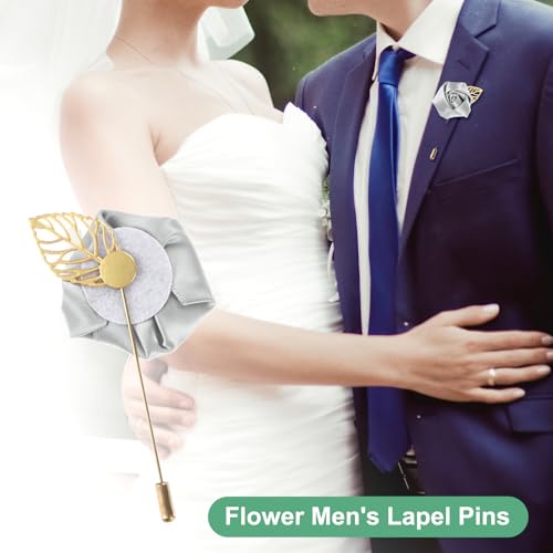 M METERXITY 1-Pack Flower Lapel Pins for Men, Golden Leaf Rose Boutonnieres Pin Groom Boutonnieres for Wedding/Dance/Party, Men Lapel Pins for Suits Satin Flower Corsage [Silver Gray] - color: Silver Gray