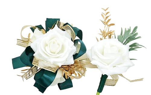 Ivory Rose Wrist Corsage Wristlet Band Bracelet and Men Boutonniere Set with Dark Green Ribbin for White Wedding Flower Accessories Prom Suit Decorations