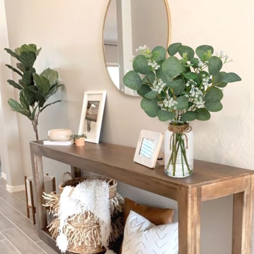 Briful Artificial Eucalyptus Stems with Baby Breath Flowers in Glass Vase with Faux Water, 14" Fake Plant Eucalyptus Leaves for Home Farmhouse Wedding Centerpiece Bathroom Décor - color: White