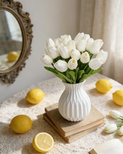 25 Pcs White Tulips Artificial Flowers PU Fake Flowers Real Touch Tulips Flower Bouquet for Wedding, Spring Decor, Home, Centerpiece Table Decorations (White Tulips) - color: White Tulips