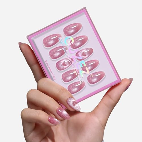 32Pcs Soft Gel Press on Nails for Women, Pink Heart, Short Almond | Magnetic Glass Cat Eye False Fake Nails Press Ons for Office Daily Wear, Salon Quality Reusable Glue & Stick on Nail Gift Kit - color: 1C-Pink Heart