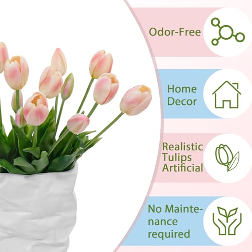 15 Pcs Meat Pink Artificial Tulips Fake Flowers, Premium Latex Lifelike Texture, UV Resistant Waterproof Faux Tulip Bouquets with Snap-on Petals for Outdoor, Home, Wedding Decor - color: Meat Pink