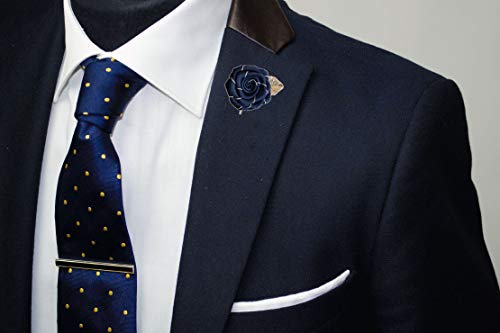 Flairs New York Gentleman's Essentials Premium Handmade Flower Lapel Pin Boutonniere - color: [Fabric] Navy Blue / Gold Leaf