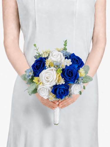 Rinlong 7" Wedding Bouquet for Bride, Navy Blue Silk Bridal Bouquet - color: 17-sapphire Blue
