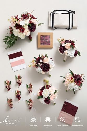 Ling's moment Wedding Artificial Flowers Package, Bridal Bouquet, Bridesmaid Bouquets, Boutonniere for Men, Rose Petals.Burgundy Blush - color: Red-burgundy & Blush