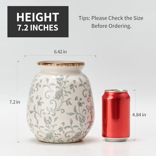 SIDUCAL Ceramic Vintage Pastoral Vase, 7.2 Inch Chinoiserie Floral Vase, Retro Ice Cracked Rustic Farmhouse Vases for Home Decor, Living Room, Bookshelf, Office, Tuscan Decor, Gray Floral - color: 18077-gray Floral