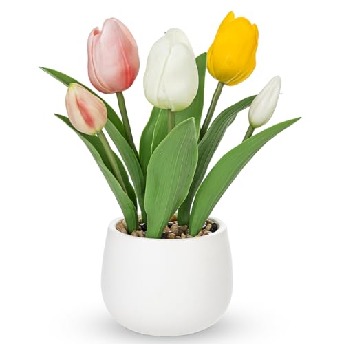 Hollyone Tulips Artificial Flowers in Vase Fake Tulips Silk Flowers Arrangements Faux Tulip Bulbs with Ceramic Pot Tulip Potted Plants Floral Bouquet for Home Decor Table Centerpiece Decorations - color: Small - Mixed