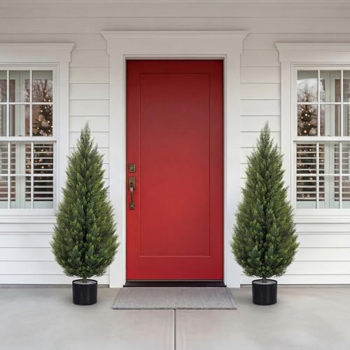 Artificial Cedar Trees 4FT Faux Cedar Topiary Evergreen Plants UV Resistant Outdoor Indoor Fake Cypress Pine Trees with Planter for Front Porch Entryway Patio Garden Home Decor Set of 2 - size: 4ft Black Pot