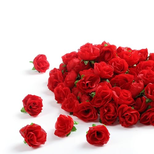 SITUMEIZI 100 Pcs 1.3 inches Mini Red Rose Head Fake Red Roses Artificial Flowers for Wedding Decor, Graduation Cap, Cake, DIY Flower Wall Mother's Day Home Party Decor - color: Red