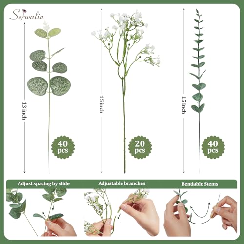 Serwalin 100 Pcs Mixed Artificial Eucalyptus Stems,Babys Breath Artificial Flowers Bulk with Faux Eucalyptus Leaves Greenery Stems for Wedding DIY Bouquets Floral Arrangement Home Decor - size: 100pcs
