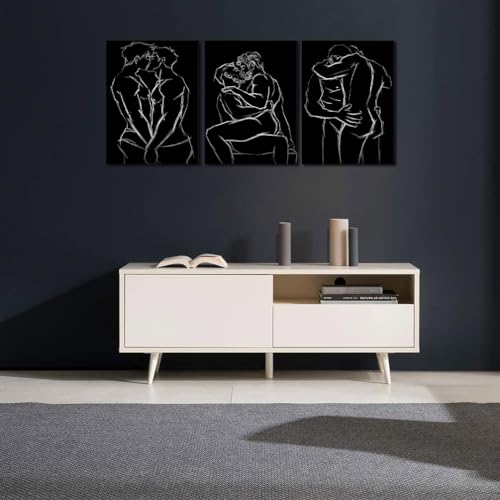 Abstract Wall Art Men Gay Wall Decor Pictures 3 Panels Black and White Line Art Men Gay Body Posters Prints on Canvas Decor Bedroom Bathroom Home Decoration Framed Ready to Hang -12"W x16"Hx3pcs - color: Art02, size: 12x16x3pcs