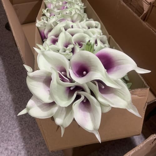 20Pcs 2.1 Inch Green White Purple Calla Lily Artificial Flowers Faux Calla Lily Fake Flowers Bulk Real Touch Latex Calla Lilies Flowers for Home Wedding Party Plant Decoration Table Centerpieces - color: Green White Purple