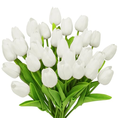 28pcs White Flowers Artificial Tulip Stems Real Feel PU Tulips for Easter Spring Wreath Wedding Bouquet Centerpiece Floral Arrangement Cemetery Table Décor 13" Tall - color: White