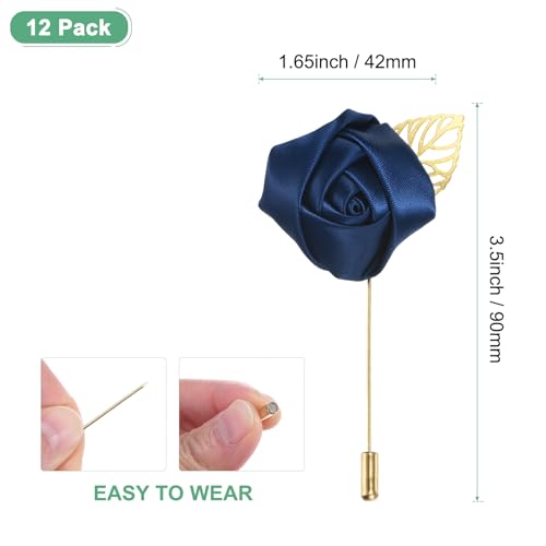 M METERXITY 12-Pack Flower Lapel Pins for Men, Golden Leaf Rose Boutonnieres Pin for Wedding/Dance/Party, Mens Lapel Pins for Suits Satin Flower Corsage Hat Pins [Navy Blue] - color: Navy Blue
