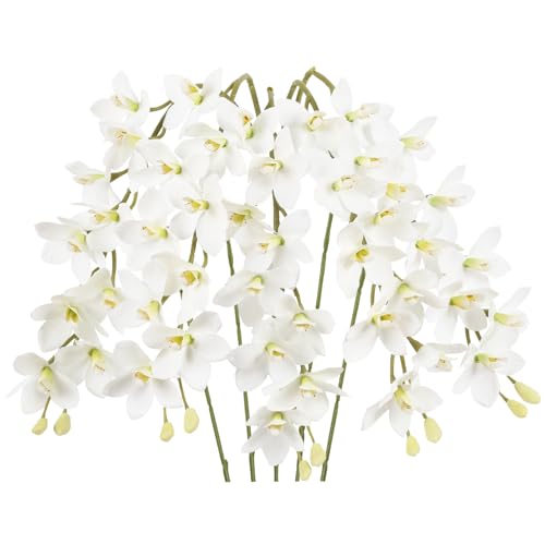 IPOPU White Orchid Artificial Flowers 5 Pcs Real Touch Orchids with Stem for Vase Wedding Party Table Centerpiece DIY Home Office Decor - color: White