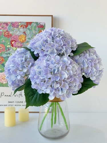 YalzoneMet 4Pcs Light Purple Silk Hydrangea Artificial Flower Lifelike Big Blooms 20'' Long Stem Faux Hydrangea Flower Bouquets for Home Party Indoor Outdoor Wedding Table Centerpiece Decor - color: Light Purple