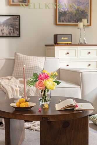 WELL KNOWN Artificial Flowers in Glass Vase, Spring Flowers Silk Rose Peony Bouquet for Home Dining Table, Office, Hotel, Wedding, Party, Lavatory Decor & Birthday Gift (Hot Pink, Coral & Yellow) - color: Hot Pink & Yellow