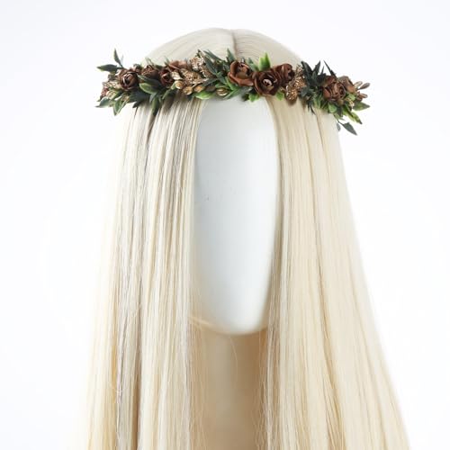 Fairy Flower Crown Headband, Artificial Brown Rose Floral Headpiece, Bridal Boho Flower Headbands for Women Maternity Birthday Wedding Renaissance Festival Party Hair Accessories - color: Brown