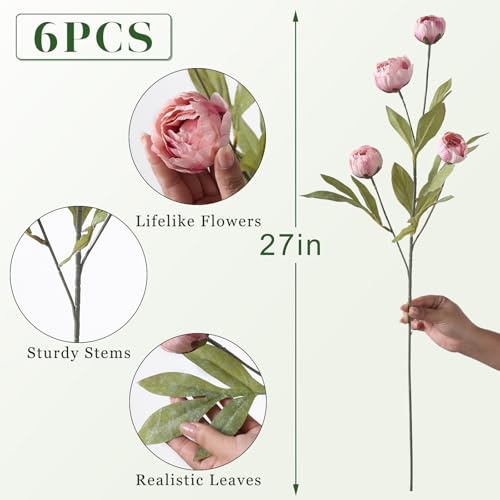 VIERENA 6 Pcs Faux Silk Peony Artificial Flowers for Vase -27", Bulk Fake Peonies Branches with Stems for DIY Bouquet Centerpieces Wedding Fillers Arrangements Shower Decorations (Blush Pink) - color: Blush Pink
