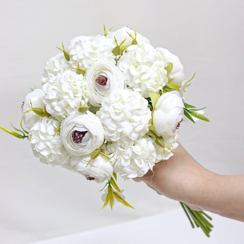 Zerzsy 10 Branch Artificial White Peony Flower Bouquet with Green Leaves Stem, Silk Flowers Bouquet Fake Peonies Flower Arrangements Vase Decorating for Centerpiece Table Wedding Party Home - color: White-10, size: 1 Bouquet