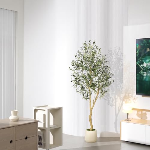 FEELEAD Olive Trees Artificial Indoor 6FT with Planter - Tall Potted Faux Olive Tree, Artificial Plant with Natural Looking Trunk and Lifelike Fruits for Home Office Decor, Weighted Base - size: 6ft