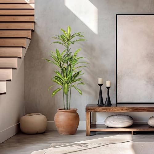 Giegxin 2 Pack 5 FT Artificial Dracaena Tree, Indoor Fake Tree with Black Stable Planter, Natural Wood Trunk & Lifelike Leaves Dracaena Plants for Home Living Room Porch Office Housewarming Gift - size: 5 ft