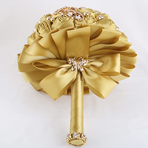 A Bunch Golden Bridal Wedding Bouquet Satin Rose Bouquet with Ribbon Diamond W306-20 Light Golden - color: Light Golden