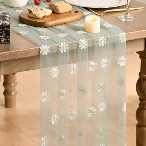 Artoid Mode Sage Green Daisy Gauze Embroidery Table Runner 120 Inch 10FT, Tulle Seasonal Spring Kitchen Dining Holiday Table Decor for Home Party - color: Sage Green