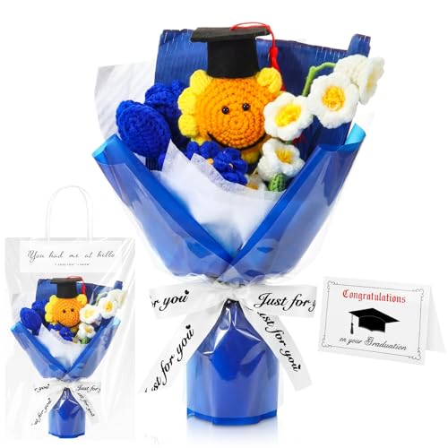 2026 Graduation Crochet Flowers Bouquet Gifts Class of 2026 Graduation Gift for Her Sunflower Mortarboard with Greeting Cards Bag Handmade Knitted Artificial Flowers for Grad(Blue) - color: Blue