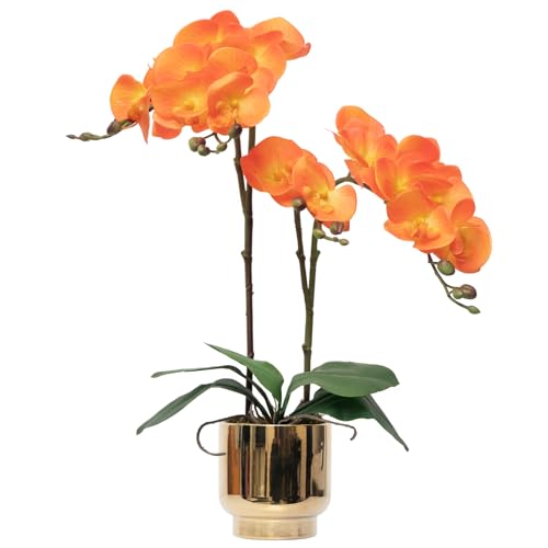 CXGS Orchids Artificial Flowers Real Touch Fake Flowers in Ceramic Pot 20" Orange Faux Orchid Plant Lifelike Silk Phalaenopsis for Centerpiece Hotel Home Indoor Decor - color: Orange- Gold Vase