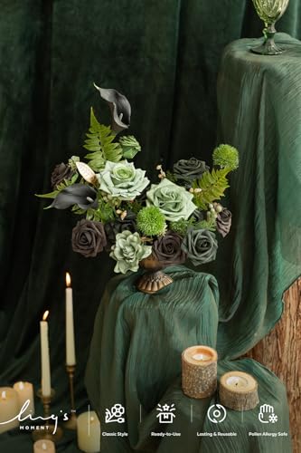 Ling's moment Fake Flowers Box, Faux Artificial Greenery Stems Foam Roses Gardenia Silk Lily Fabic Flower for Centerpieces Bouquet Wedding Vase Floral Decorations, Emerald & Gold, Grand Combo - color: Grn-emerald & Gold, size: Grand