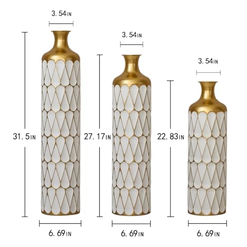 Large Floor Vases Set of 3 Pieces, White Metal Tall Vase Extra Big Home Decoration for Living Room Bedroom 22.8/27.1/31.5 inch - color: Floor Vase White Teardrop